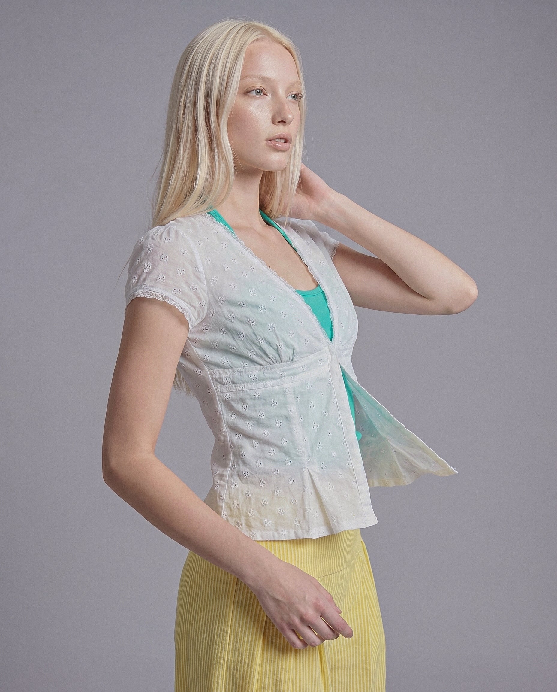 Eyelet Lace Short Sleeve Top with Deep V Neck and Scalloped Trim