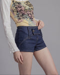 Low Rise Denim Micro Shorts with Foldover Waistband and Contrast Stitch Detail