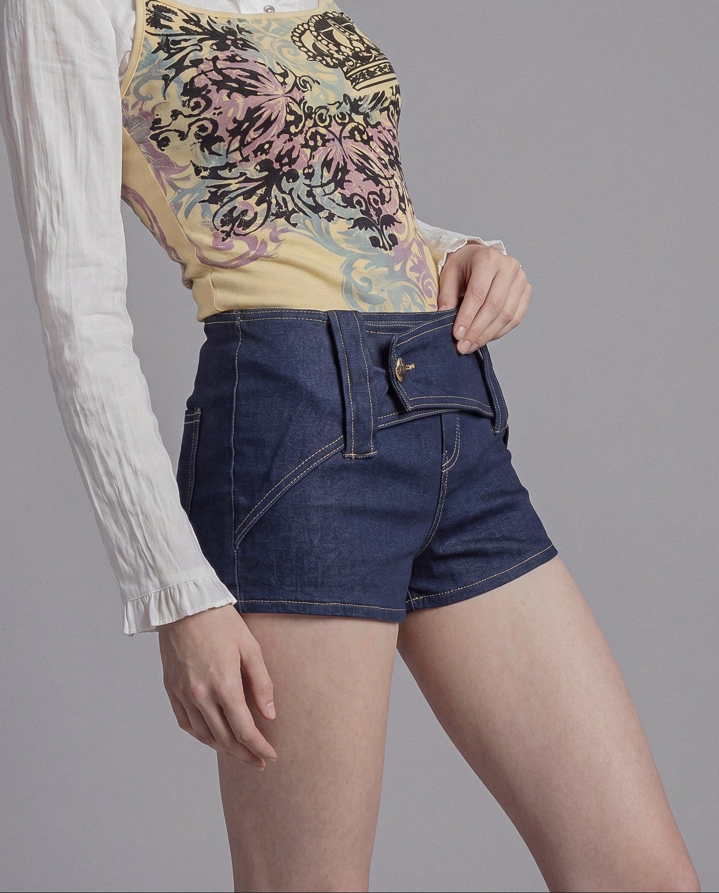 Low Rise Denim Micro Shorts with Foldover Waistband and Contrast Stitch Detail