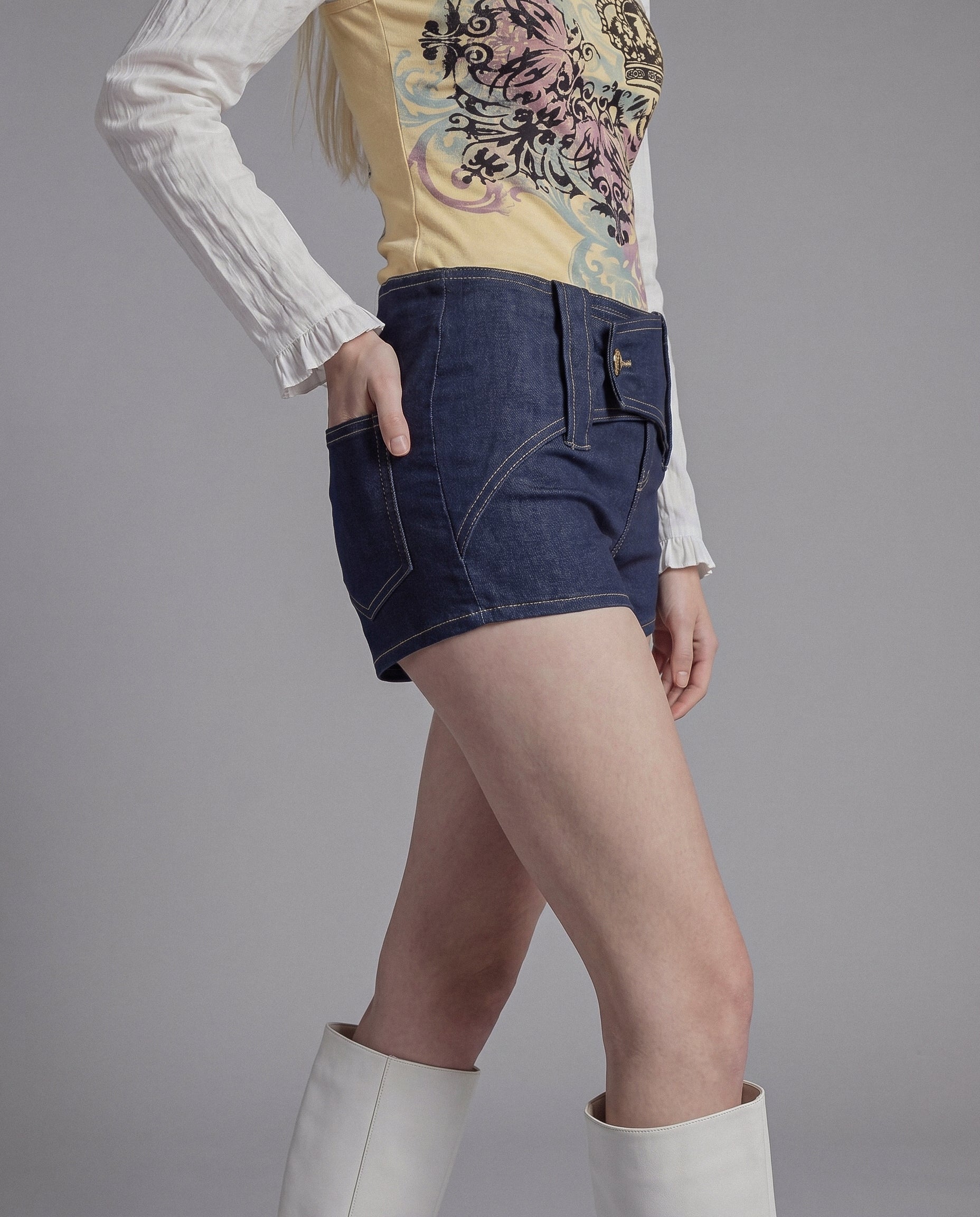 Low Rise Denim Micro Shorts with Foldover Waistband and Contrast Stitch Detail