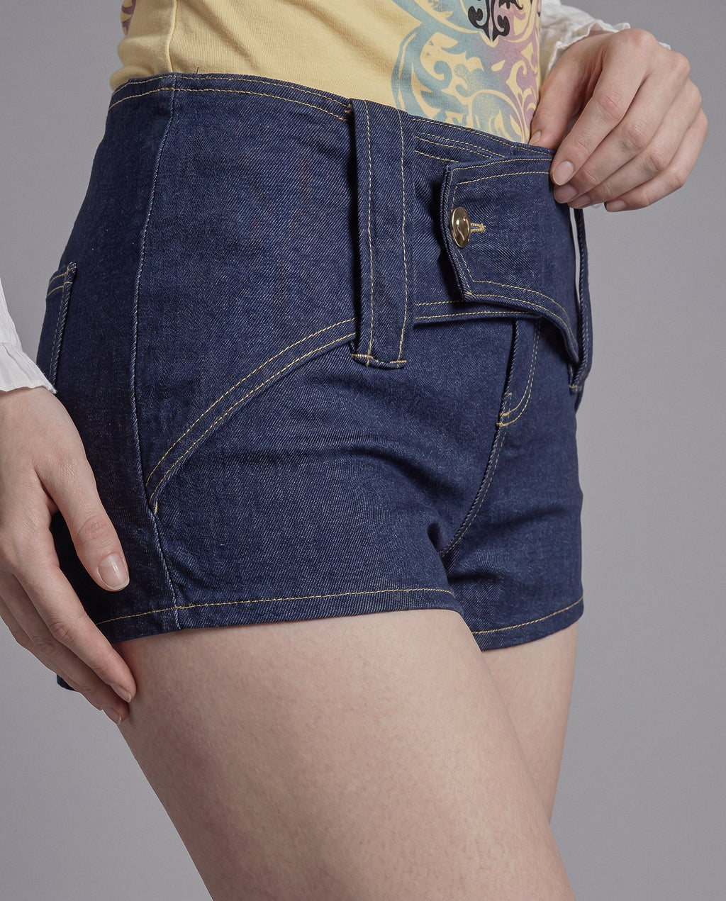 Low Rise Denim Micro Shorts with Foldover Waistband and Contrast Stitch Detail