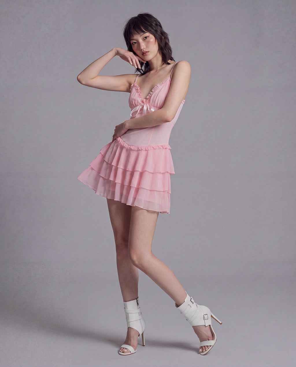 Sheer Mesh Mini Dress with Tiered Ruffle Skirt and Satin Bow Detail