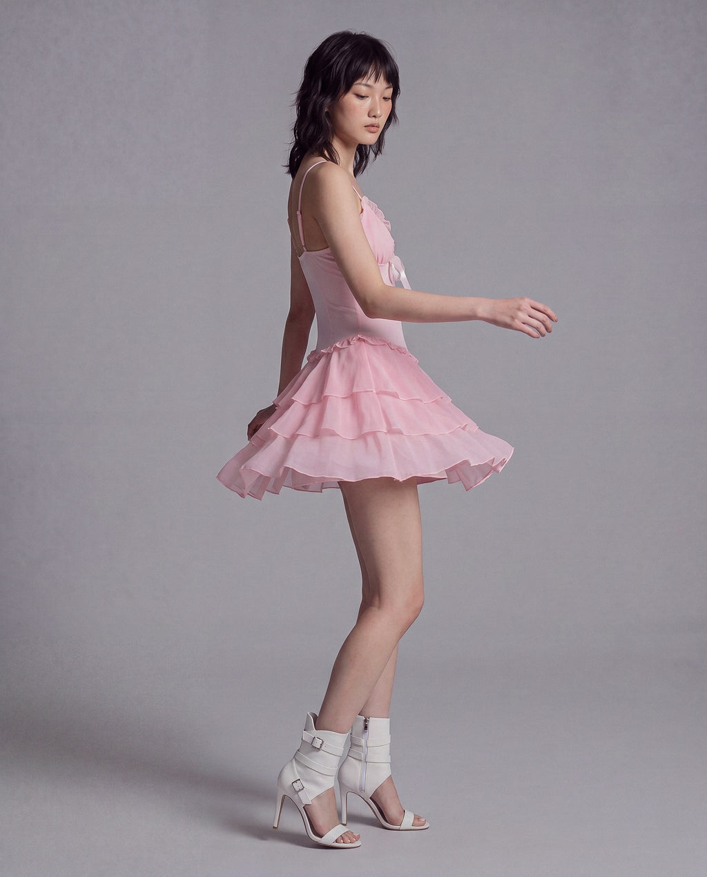 Sheer Mesh Mini Dress with Tiered Ruffle Skirt and Satin Bow Detail