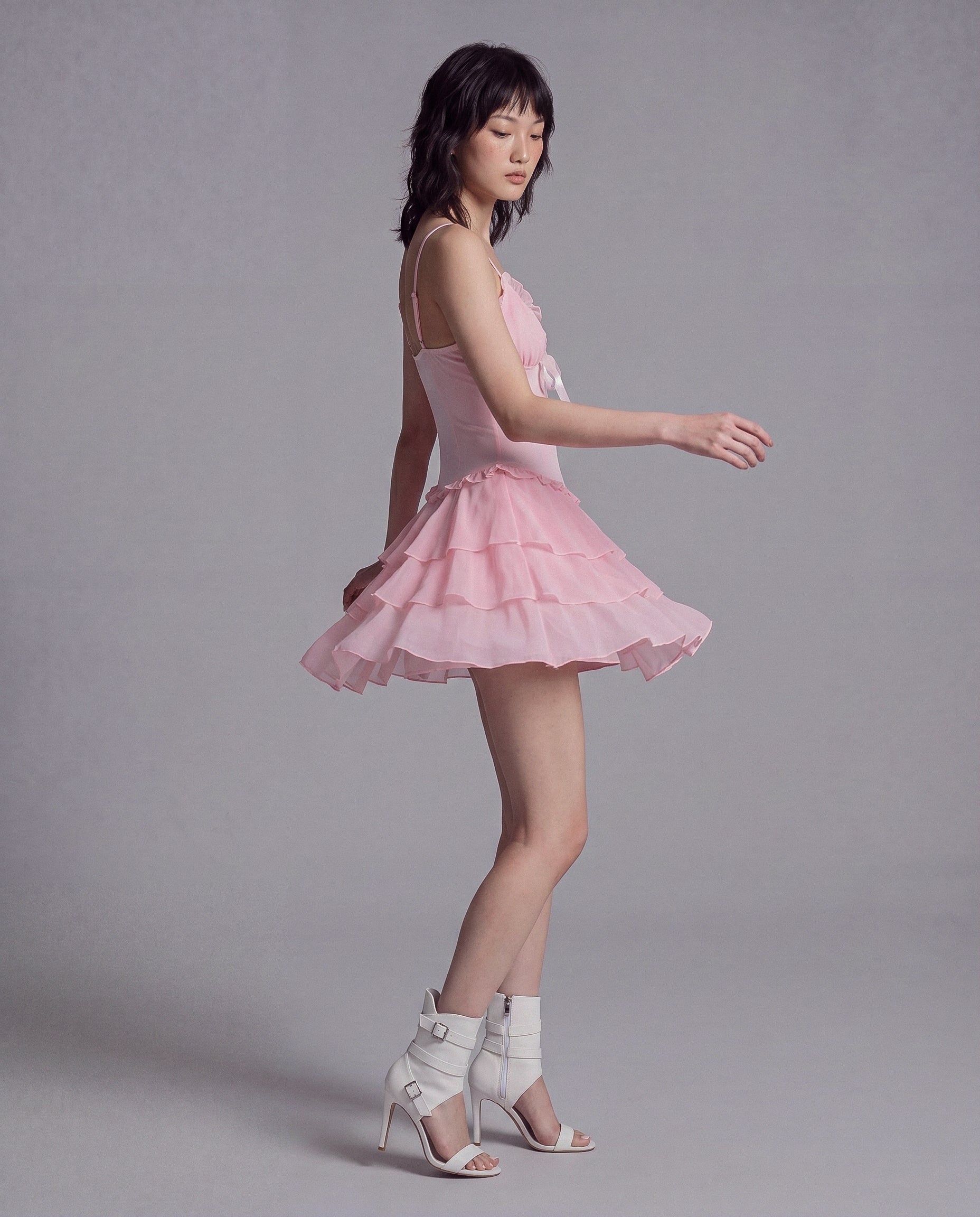 Sheer Mesh Mini Dress with Tiered Ruffle Skirt and Satin Bow Detail