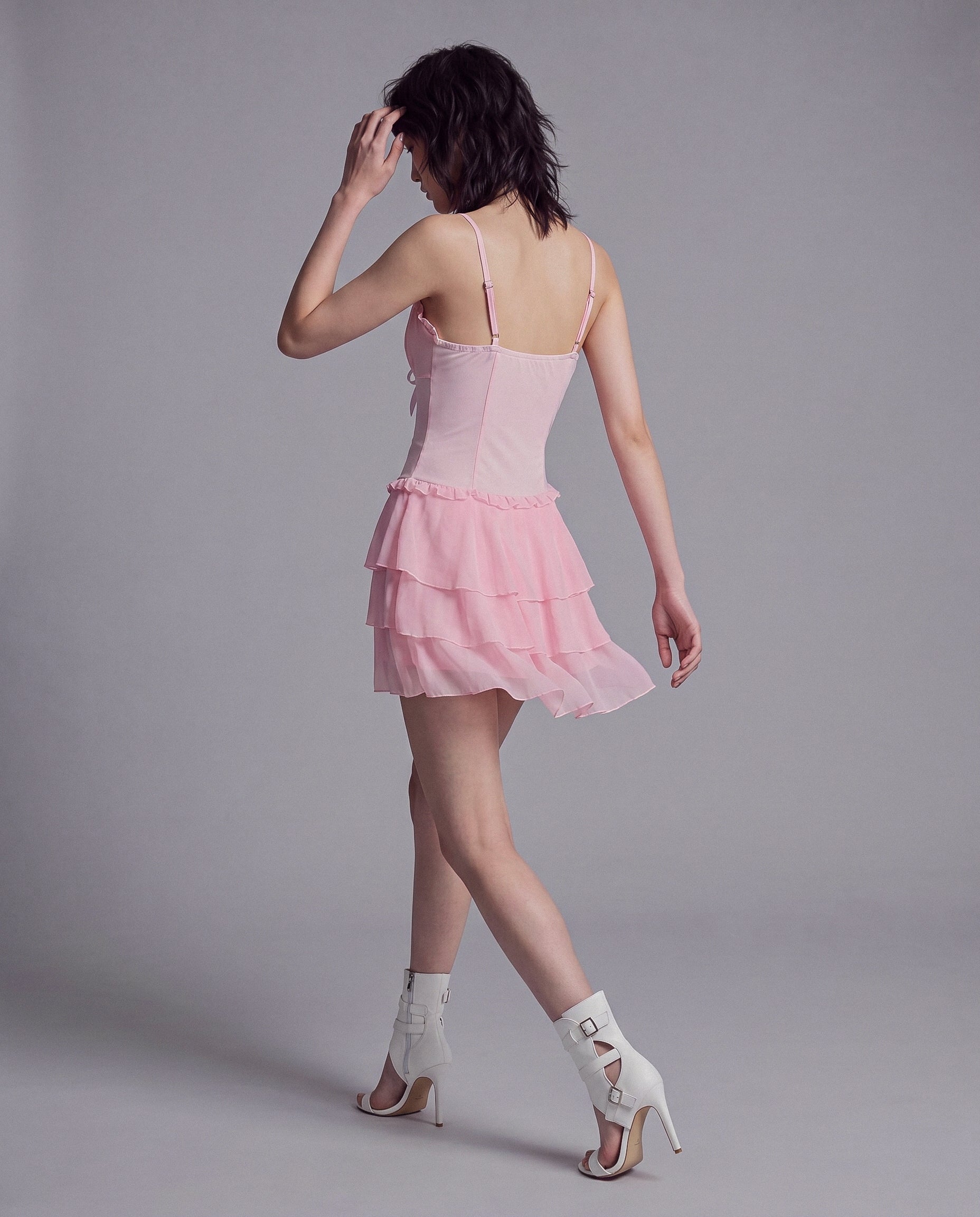 Sheer Mesh Mini Dress with Tiered Ruffle Skirt and Satin Bow Detail