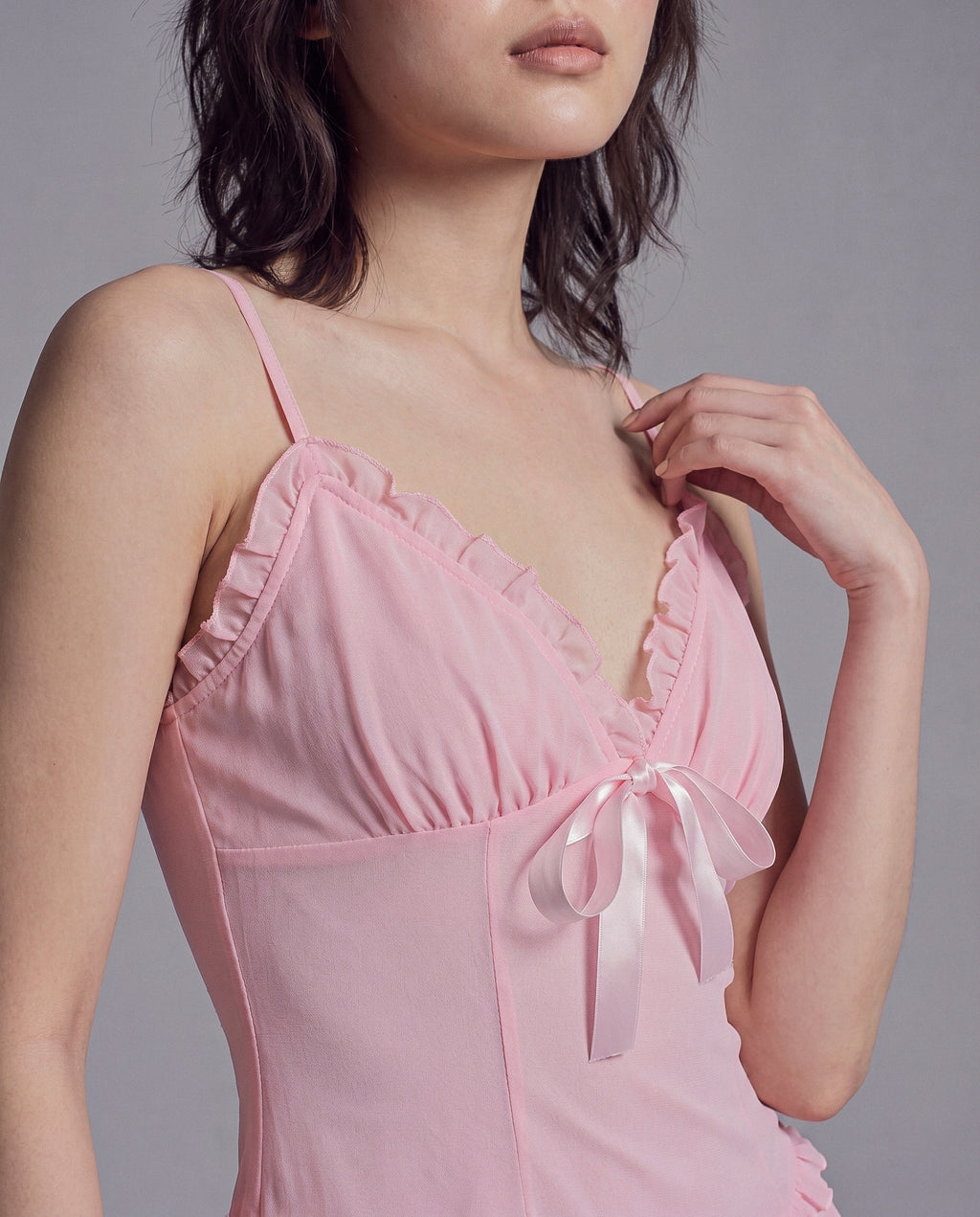 Sheer Mesh Mini Dress with Tiered Ruffle Skirt and Satin Bow Detail