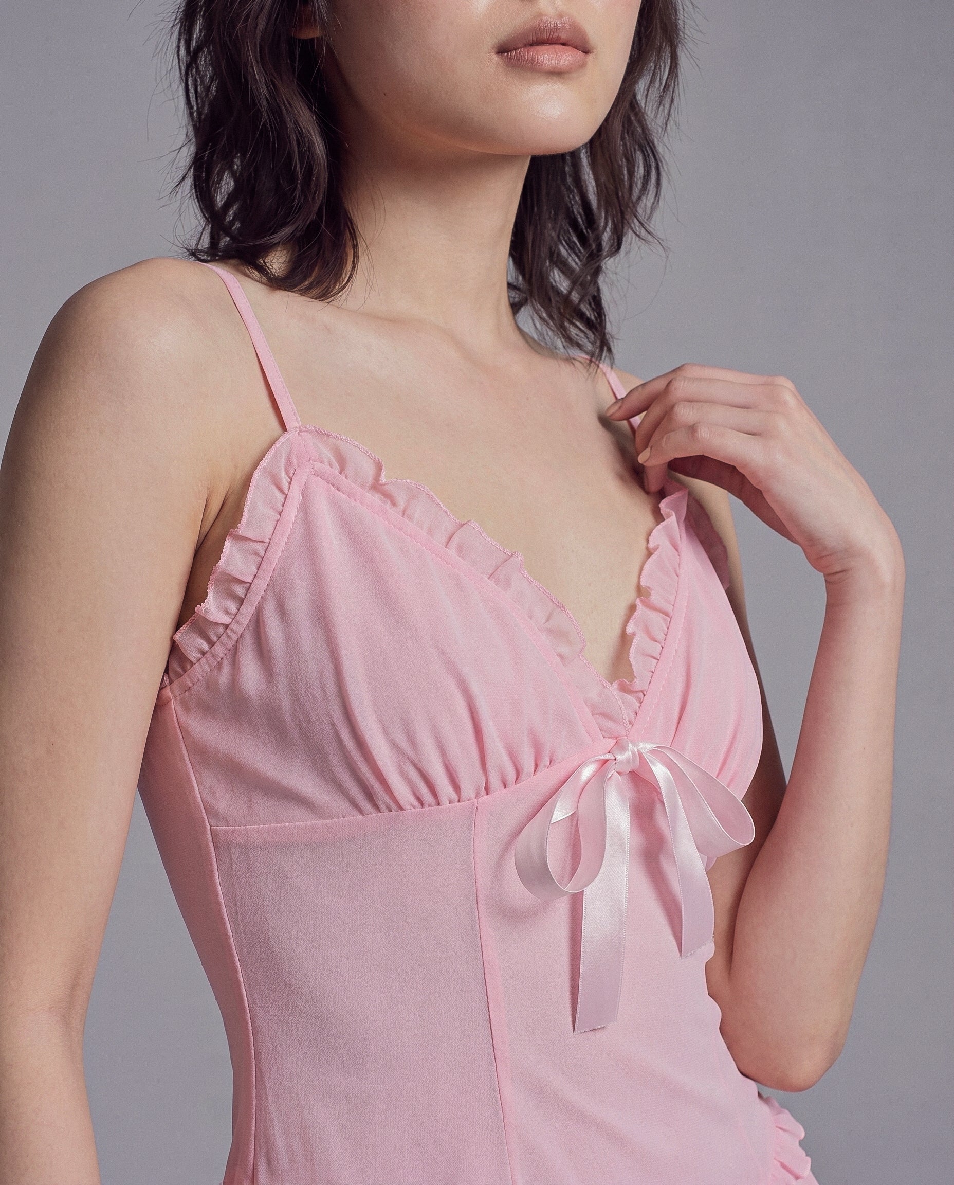Sheer Mesh Mini Dress with Tiered Ruffle Skirt and Satin Bow Detail