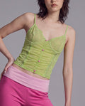 Lace Mesh Camisole Top with Ruched Front and Contrast Button Detail