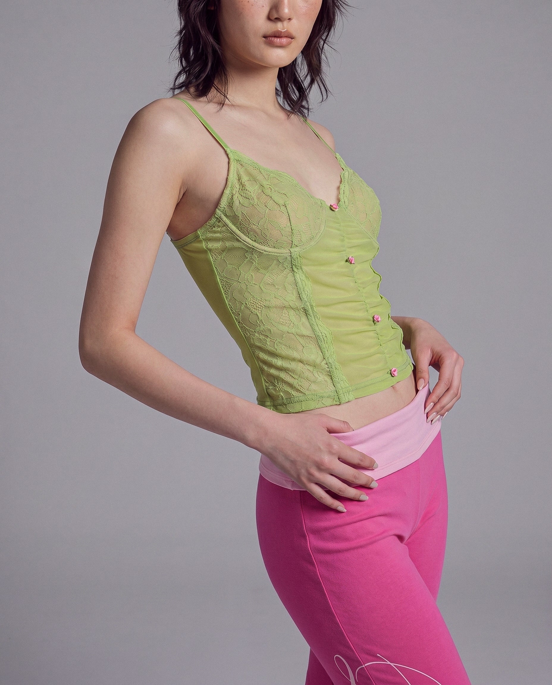 Lace Mesh Camisole Top with Ruched Front and Contrast Button Detail