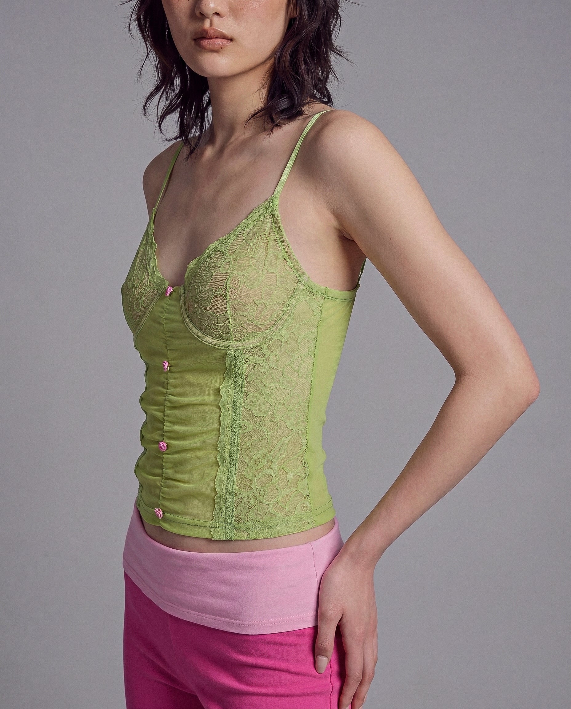 Lace Mesh Camisole Top with Ruched Front and Contrast Button Detail